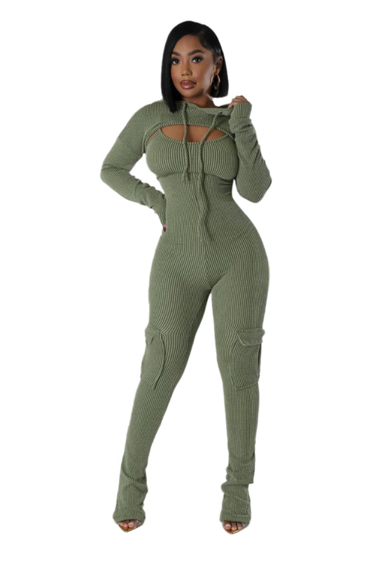 “Confident” Ribbed Jumpsuit with hood